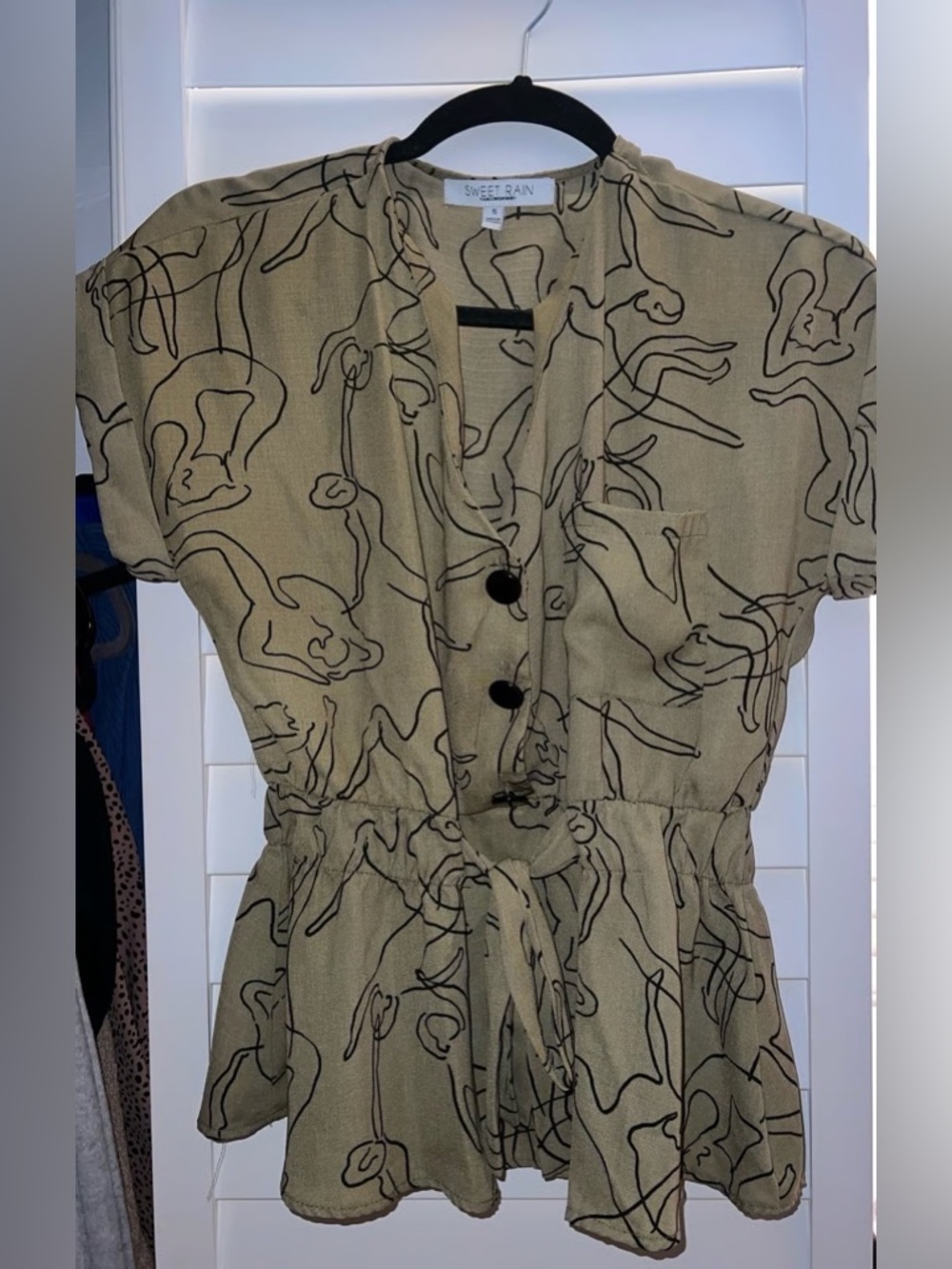 Sweet Rain Olive Top with Abstract Black Line Print